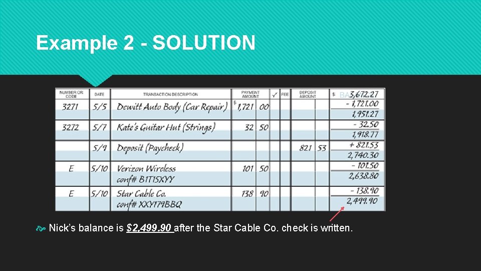 Example 2 - SOLUTION Nick’s balance is $2, 499. 90 after the Star Cable