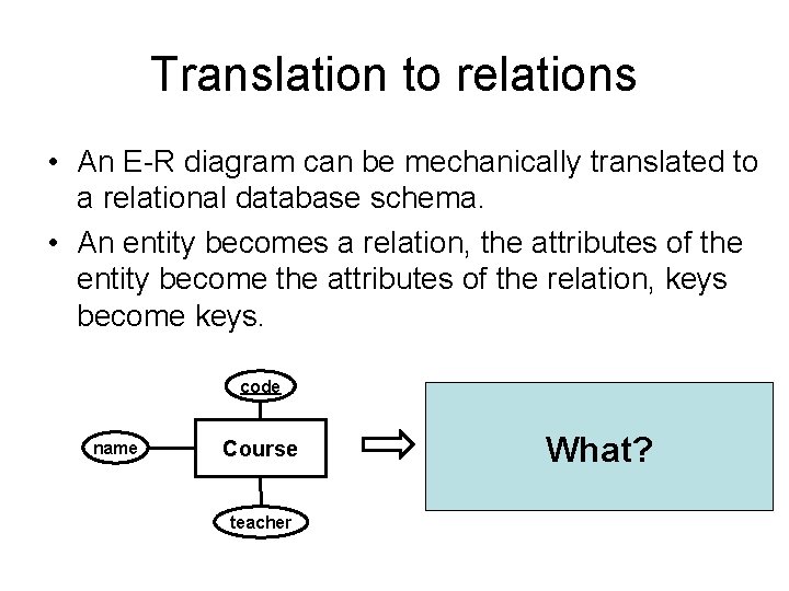 Translation to relations • An E-R diagram can be mechanically translated to a relational Translation to relations • An E-R diagram can be mechanically translated to a relational