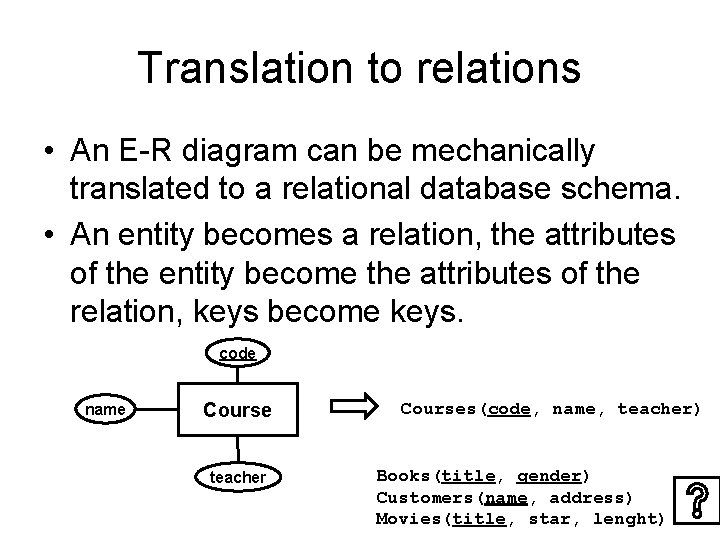 Translation to relations • An E-R diagram can be mechanically translated to a relational Translation to relations • An E-R diagram can be mechanically translated to a relational