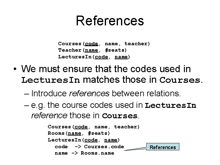 References Courses(code, name, teacher) Teacher(name, #seats) Lectures. In(code, name) • We must ensure that