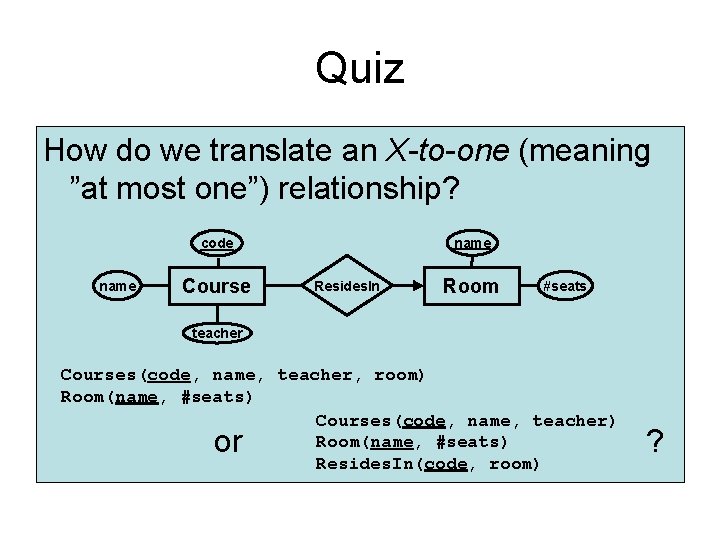 Quiz How do we translate an X-to-one (meaning ”at most one”) relationship? name code