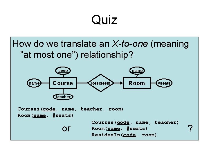 Quiz How do we translate an X-to-one (meaning ”at most one”) relationship? name code Quiz How do we translate an X-to-one (meaning ”at most one”) relationship? name code