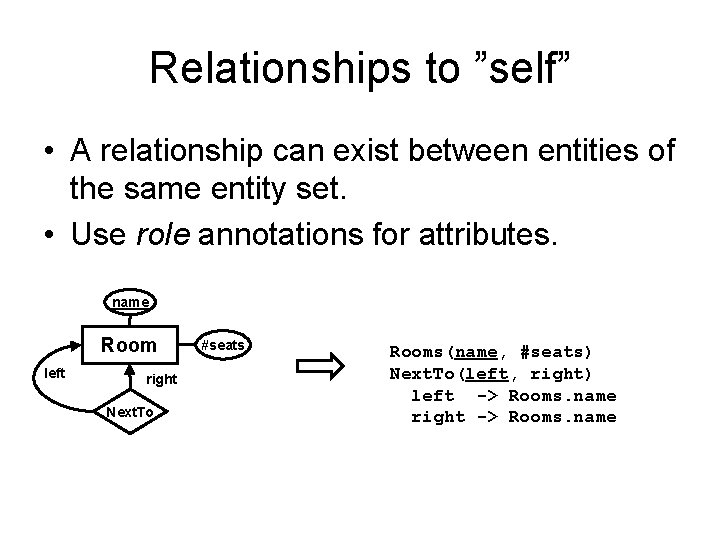 Relationships to ”self” • A relationship can exist between entities of the same entity Relationships to ”self” • A relationship can exist between entities of the same entity