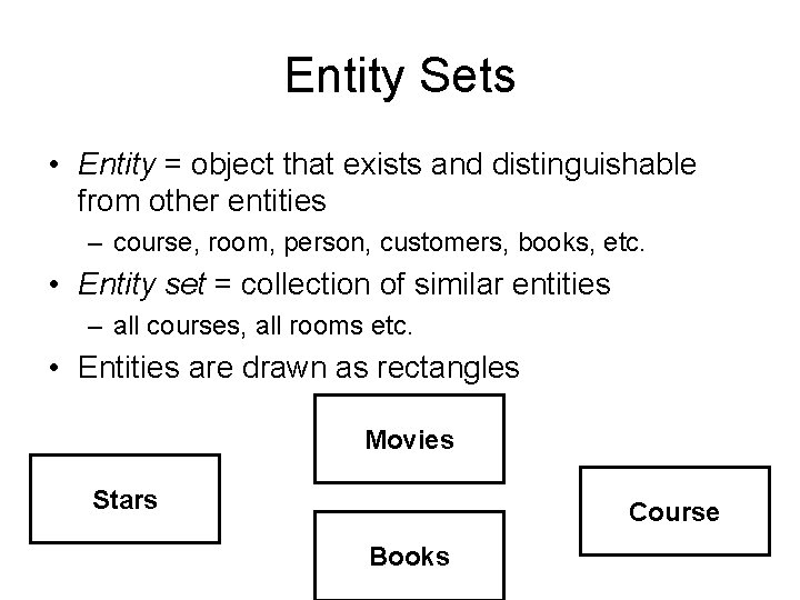 Entity Sets • Entity = object that exists and distinguishable from other entities –
