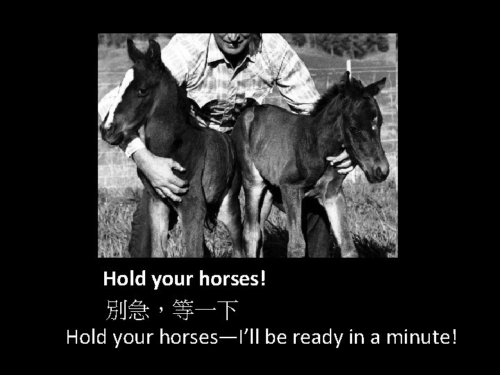 Hold your horses! 別急，等一下 Hold your horses—I’ll be ready in a minute! 