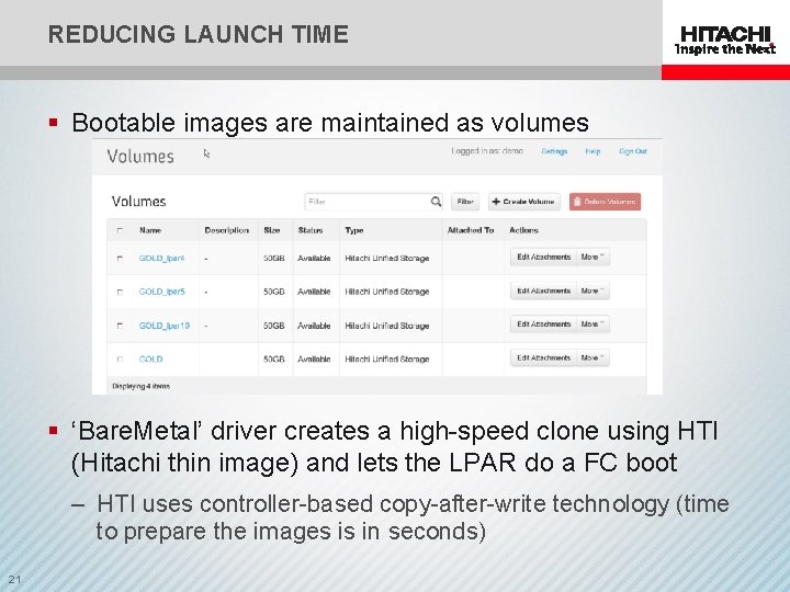 REDUCING LAUNCH TIME § Bootable images are maintained as volumes § ‘Bare. Metal’ driver