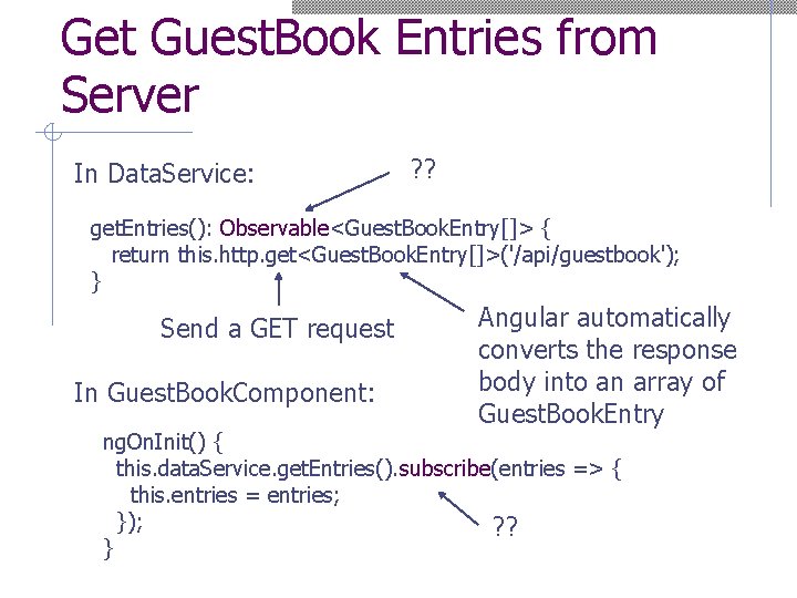 Get Guest. Book Entries from Server In Data. Service: ? ? get. Entries(): Observable<Guest.