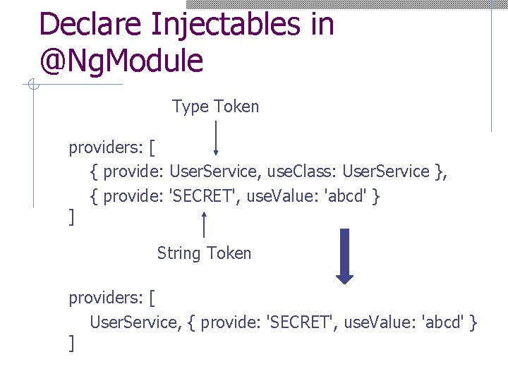 Declare Injectables in @Ng. Module Type Token providers: [ { provide: User. Service, use.