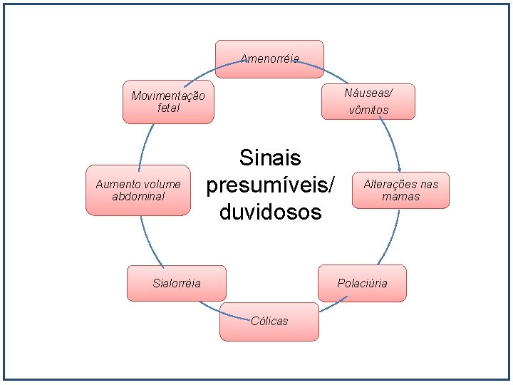 Amenorréia Náuseas/ Movimentação fetal Aumento volume abdominal vômitos Sinais presumíveis/ duvidosos Alterações nas mamas