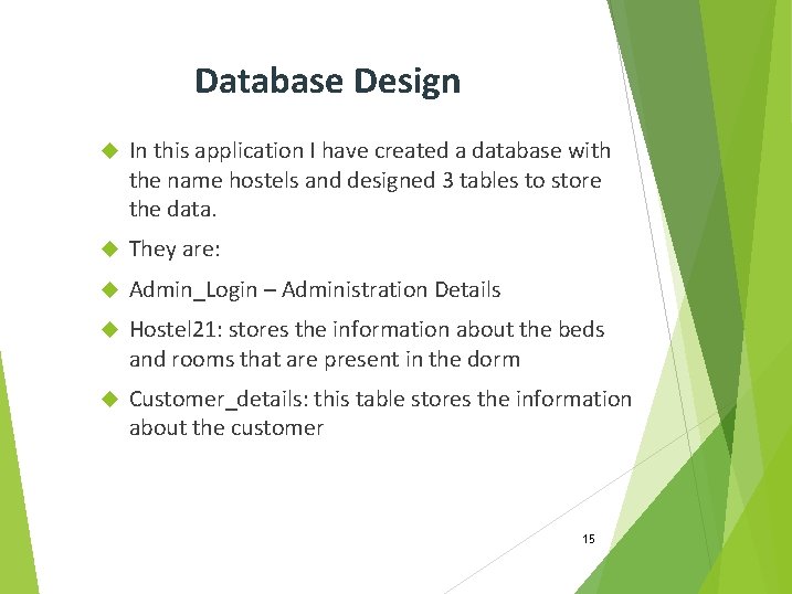 Database Design In this application I have created a database with the name hostels
