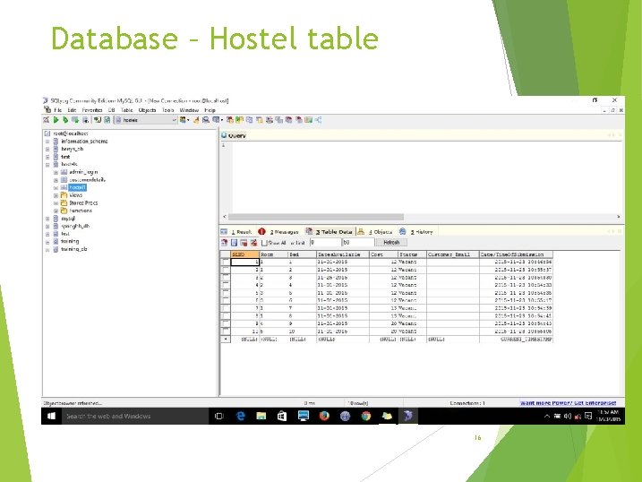 Database – Hostel table 16 