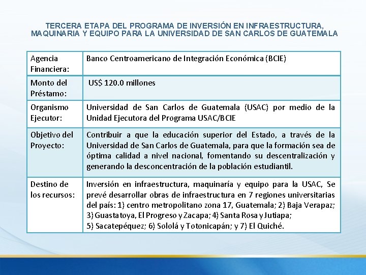 TERCERA ETAPA DEL PROGRAMA DE INVERSIÓN EN INFRAESTRUCTURA, MAQUINARIA Y EQUIPO PARA LA UNIVERSIDAD