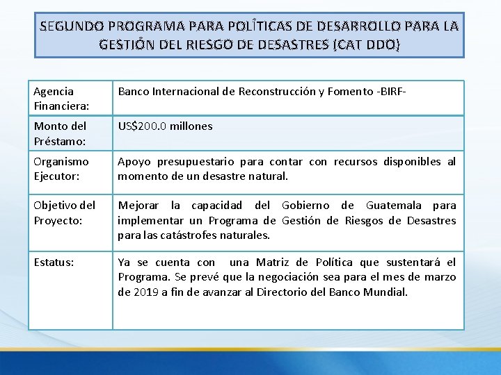 SEGUNDO PROGRAMA PARA POLÍTICAS DE DESARROLLO PARA LA GESTIÓN DEL RIESGO DE DESASTRES (CAT