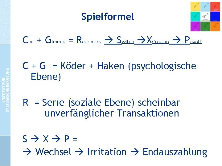 Spielformel Con + Gimmik = Responses Switch XCrossup Payoff C + G = Köder