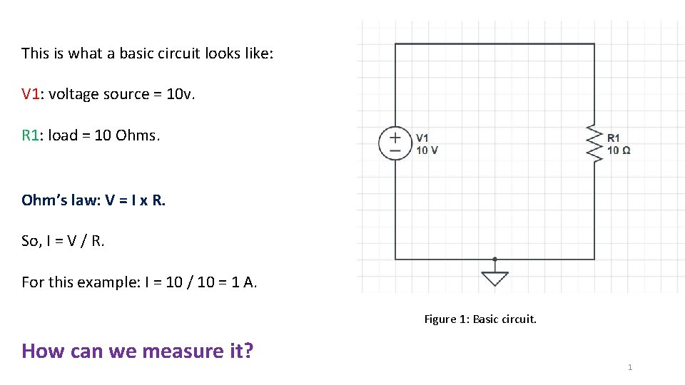 This is what a basic circuit looks like: V 1: voltage source = 10