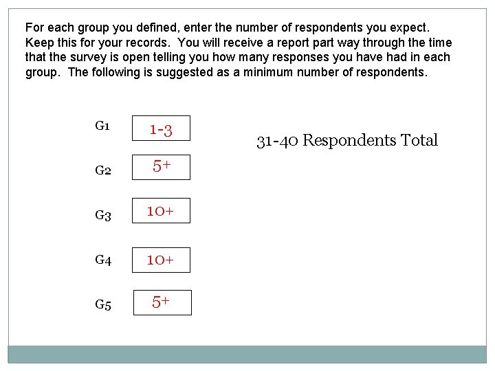 For each group you defined, enter the number of respondents you expect. Keep this