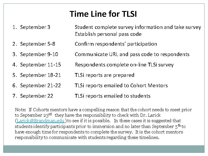 Time Line for TLSI 1. September 3 Student complete survey information and take survey