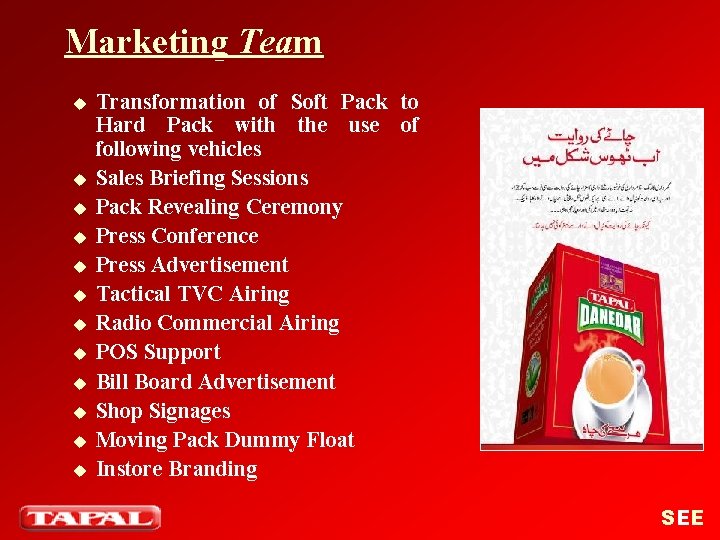 Marketing Team u u u Transformation of Soft Pack to Hard Pack with the