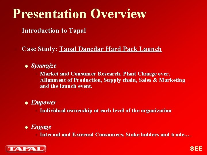 Presentation Overview n Introduction to Tapal n Case Study: Tapal Danedar Hard Pack Launch