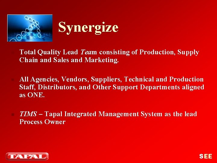 Synergize n n n Total Quality Lead Team consisting of Production, Supply Chain and