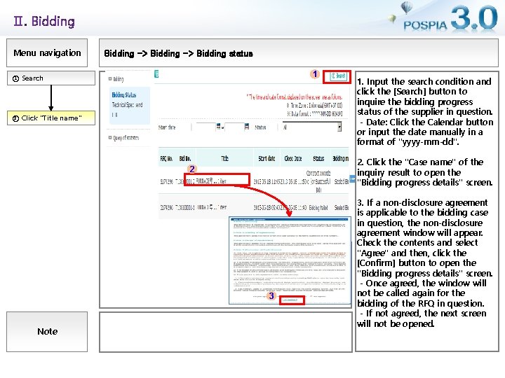 Ⅱ. Bidding Menu navigation Bidding -> Bidding status 1 ① Search ② Click "Title