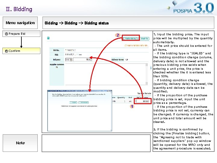 Ⅱ. Bidding Menu navigation ① Prepare Bidding -> Bidding status 2 ② Confirm 1