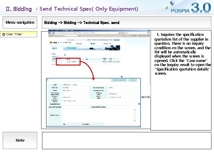 Ⅱ. Bidding - Send Technical Spec( Only Equipment) Menu navigation ① Click "Title" Note
