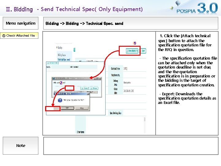Ⅱ. Bidding - Send Technical Spec( Only Equipment) Menu navigation Bidding -> Technical Spec.