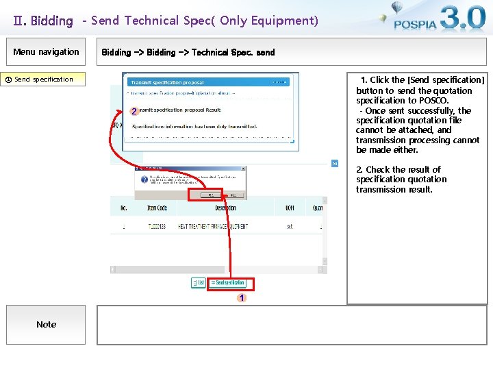 Ⅱ. Bidding - Send Technical Spec( Only Equipment) Menu navigation Bidding -> Technical Spec.