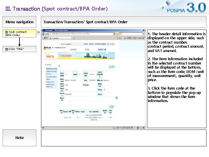 Ⅲ. Transaction (Spot contract/BPA Order) Menu navigation ① Spot contract /BPA Order ② Click