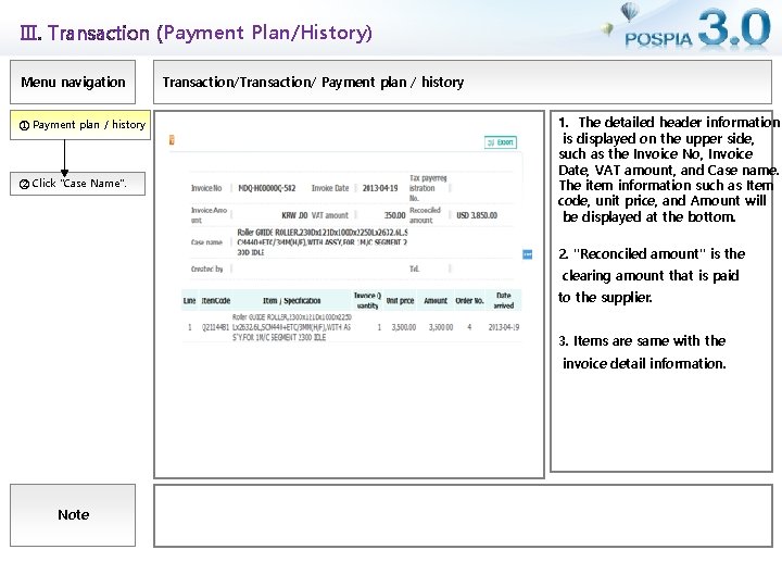 Ⅲ. Transaction (Payment Plan/History) Menu navigation ① Payment plan / history ② Click "Case
