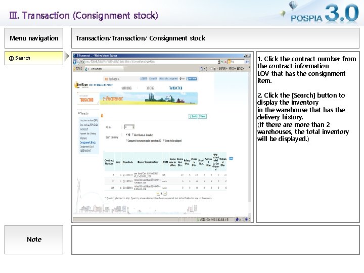Ⅲ. Transaction (Consignment stock) Menu navigation ① Search Transaction/ Consignment stock 1. Click the