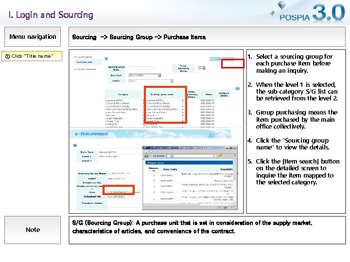 I. Login and Sourcing Menu navigation ① Click "Title name" Sourcing -> Sourcing Group