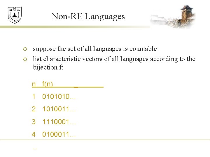 Non-RE Languages ¡ ¡ suppose the set of all languages is countable list characteristic
