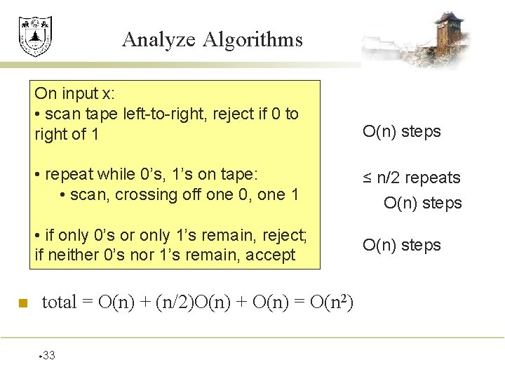 Analyze Algorithms n On input x: • scan tape left-to-right, reject if 0 to