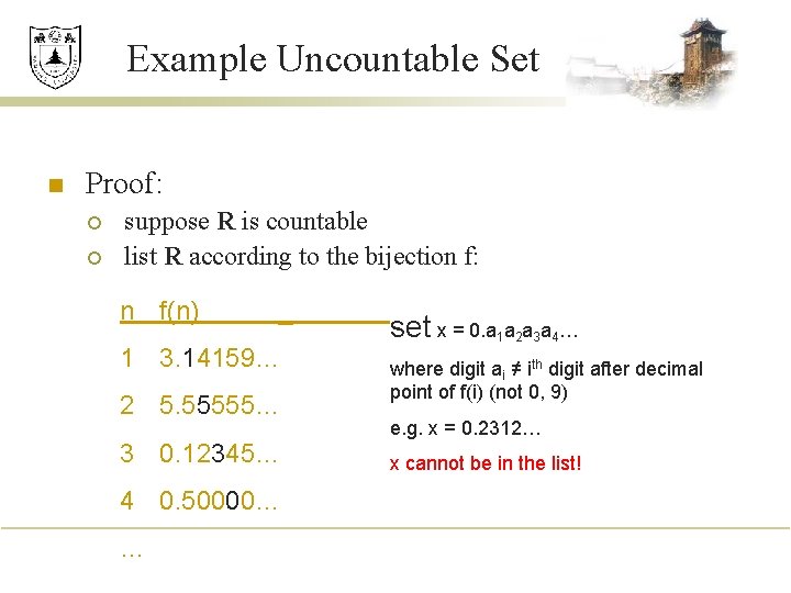 Example Uncountable Set n Proof: ¡ ¡ suppose R is countable list R according