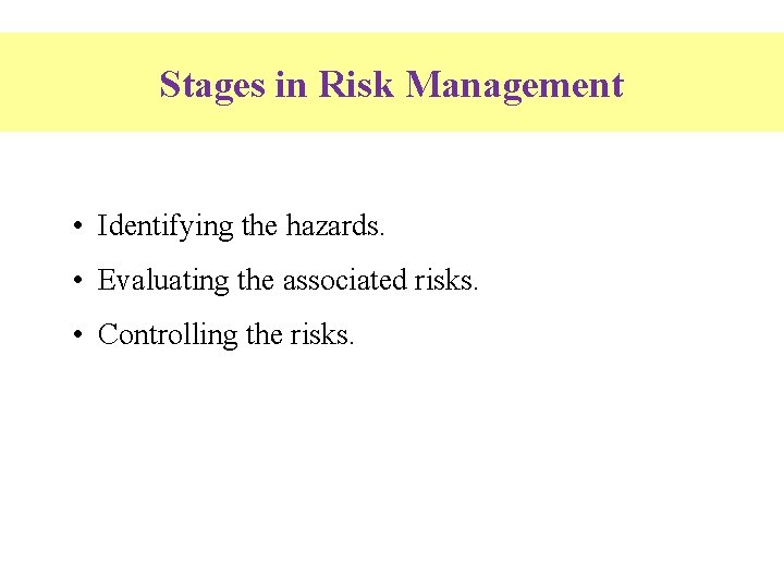 Stages in Risk Management • Identifying the hazards. • Evaluating the associated risks. •