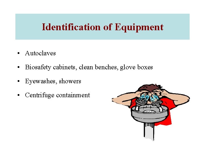 Identification of Equipment • Autoclaves • Biosafety cabinets, clean benches, glove boxes • Eyewashes,