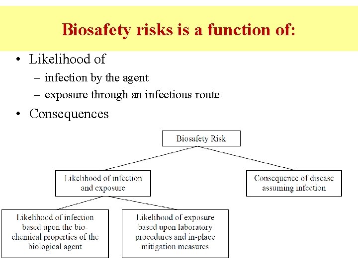 Biosafety risks is a function of: • Likelihood of – infection by the agent