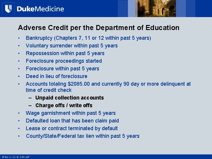 Adverse Credit per the Department of Education • • • Bankruptcy (Chapters 7, 11