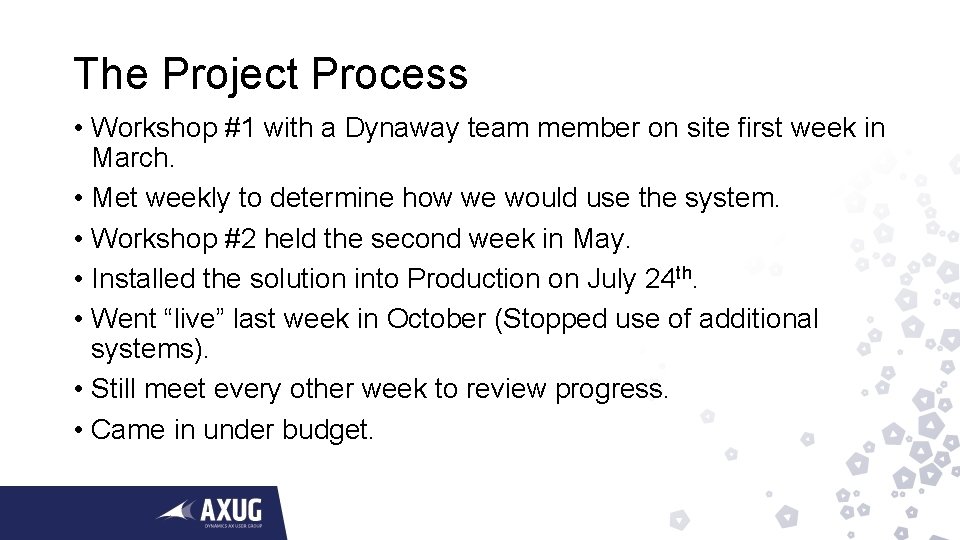 The Project Process • Workshop #1 with a Dynaway team member on site first