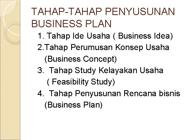 TAHAP-TAHAP PENYUSUNAN BUSINESS PLAN 1. Tahap Ide Usaha ( Business Idea) 2. Tahap Perumusan