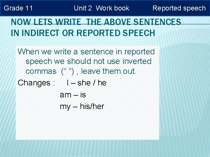 Grade 11 Unit 2 Work book Reported speech NOW LETS WRITE THE ABOVE SENTENCES