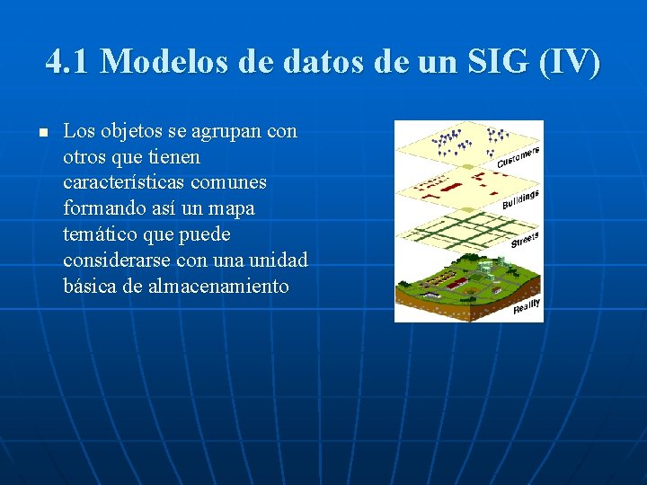4. 1 Modelos de datos de un SIG (IV) n Los objetos se agrupan