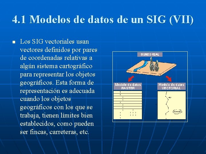 4. 1 Modelos de datos de un SIG (VII) n Los SIG vectoriales usan