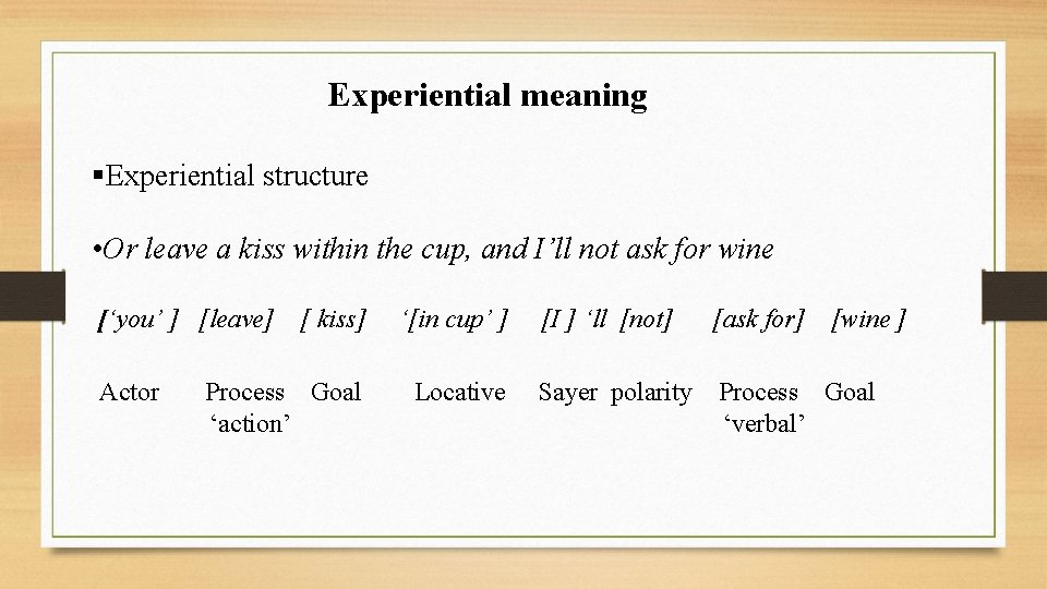 Experiential meaning §Experiential structure • Or leave a kiss within the cup, and I’ll