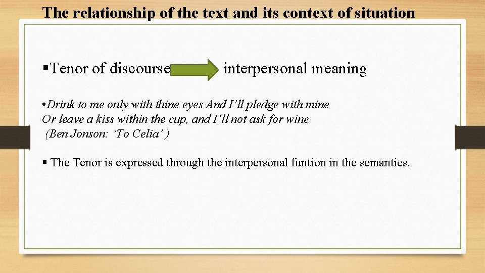 The relationship of the text and its context of situation §Tenor of discourse interpersonal