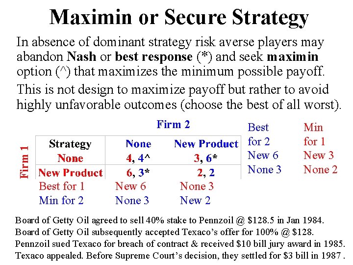 Maximin or Secure Strategy In absence of dominant strategy risk averse players may abandon