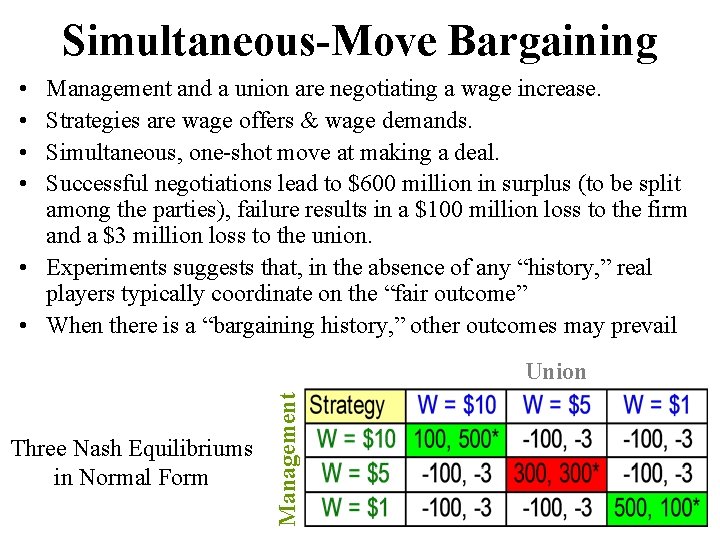 Simultaneous-Move Bargaining • • Management and a union are negotiating a wage increase. Strategies
