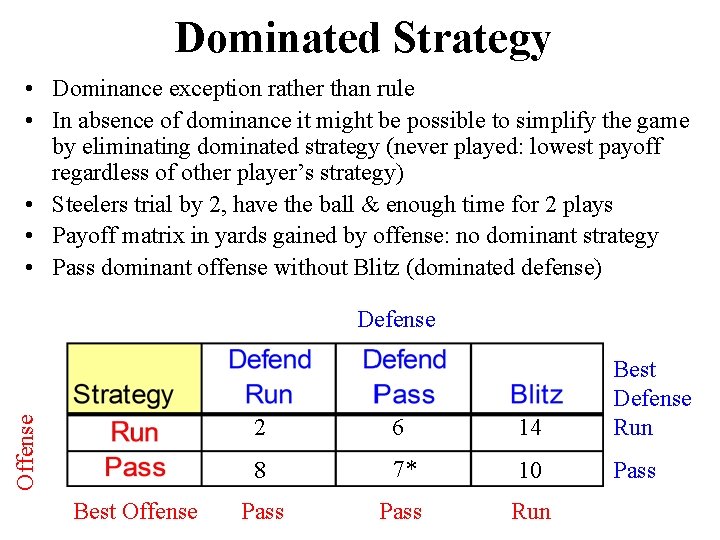 Dominated Strategy • Dominance exception rather than rule • In absence of dominance it